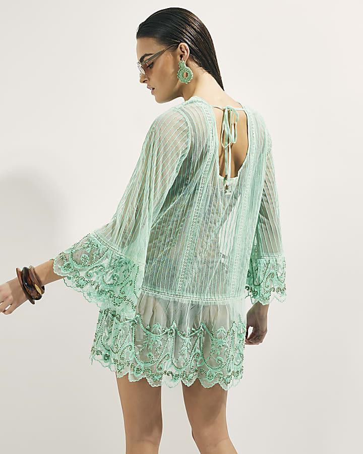 River Island Green Mesh Embellished Beach Tunic Dress
