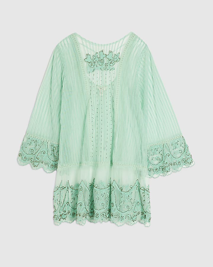 river island Green Mesh Embellished Beach Tunic Dress