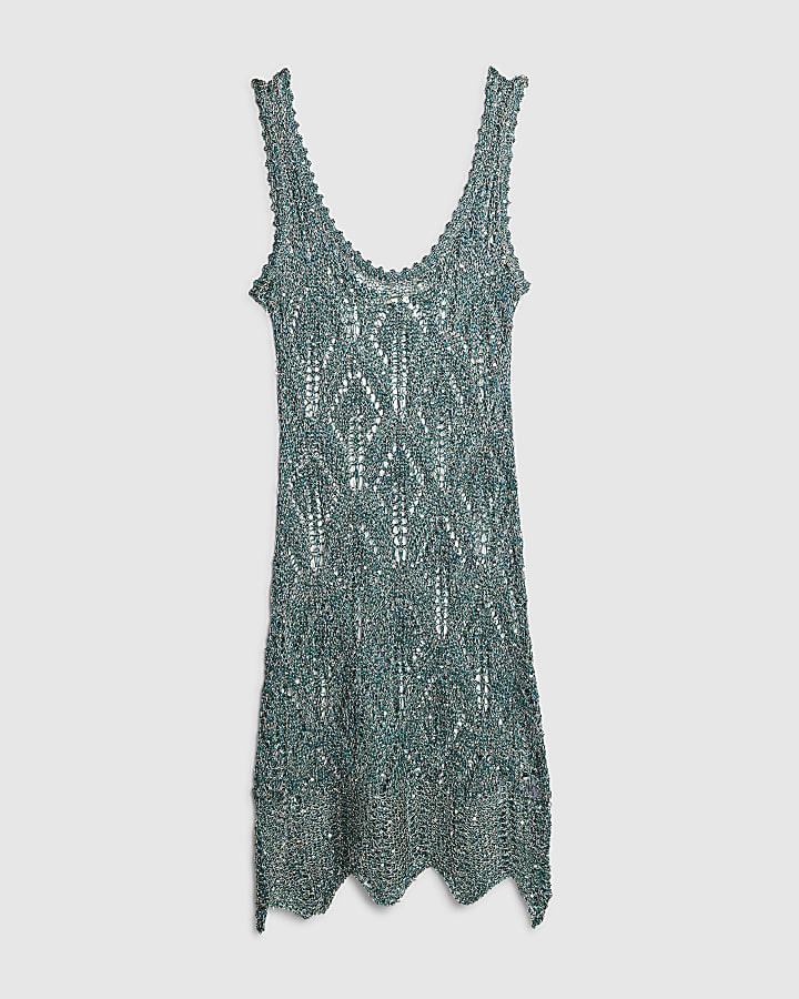 river island Green Metallic Knitted Beach Tunic Dress