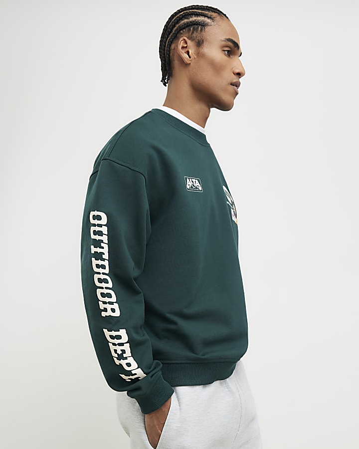 River Island Green Oversized Fit Alpine Badging Sweatshirt