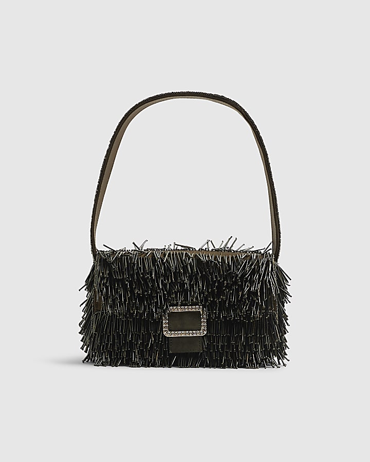 River Island Green Premium Fringed Beaded Shoulder Bag