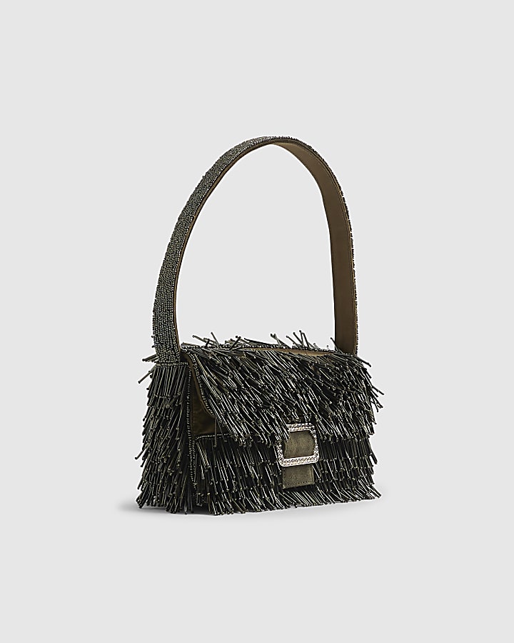 River Island Green Premium Fringed Beaded Shoulder Bag