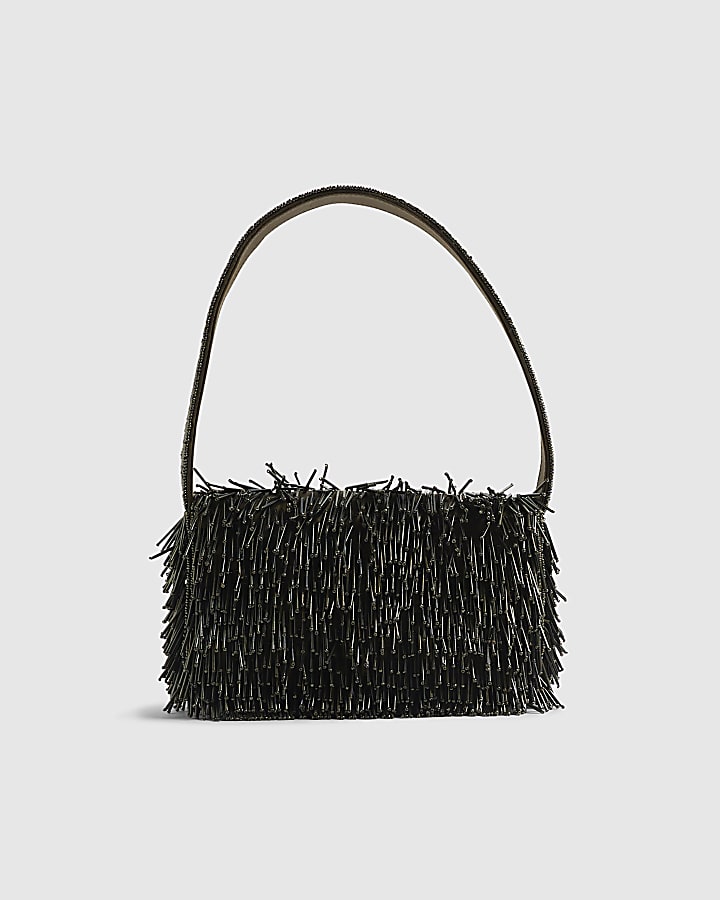 River Island Green Premium Fringed Beaded Shoulder Bag