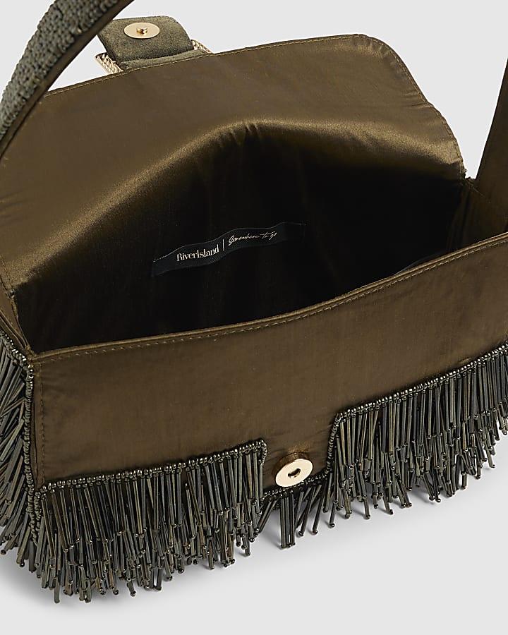 river island Green Premium Fringed Beaded Shoulder Bag