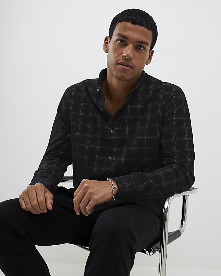 River Island Green Regular Fit Micro Check Corduroy Shirt