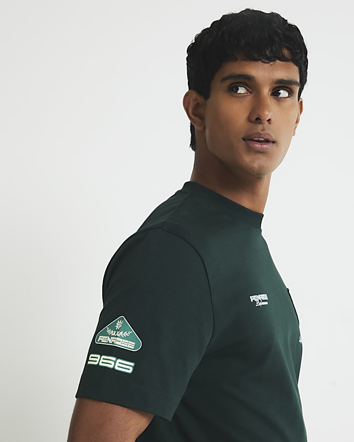 River Island Green Regular Fit Penrose Crest T-Shirt