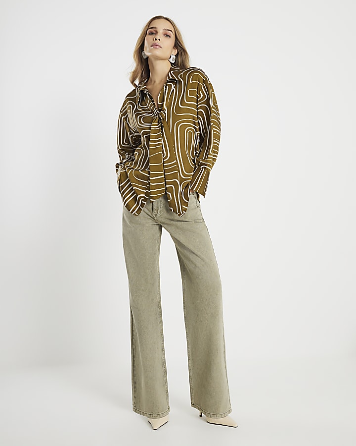 River Island Green Satin Long Sleeve Abstract Print Shirt