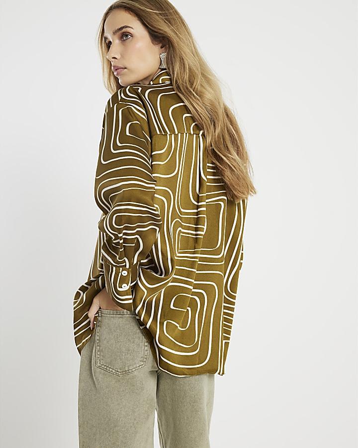 River Island Green Satin Long Sleeve Abstract Print Shirt