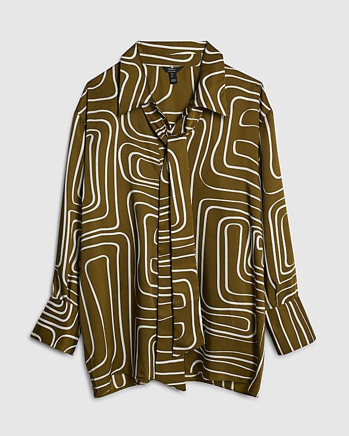 river island Green Satin Long Sleeve Abstract Print Shirt