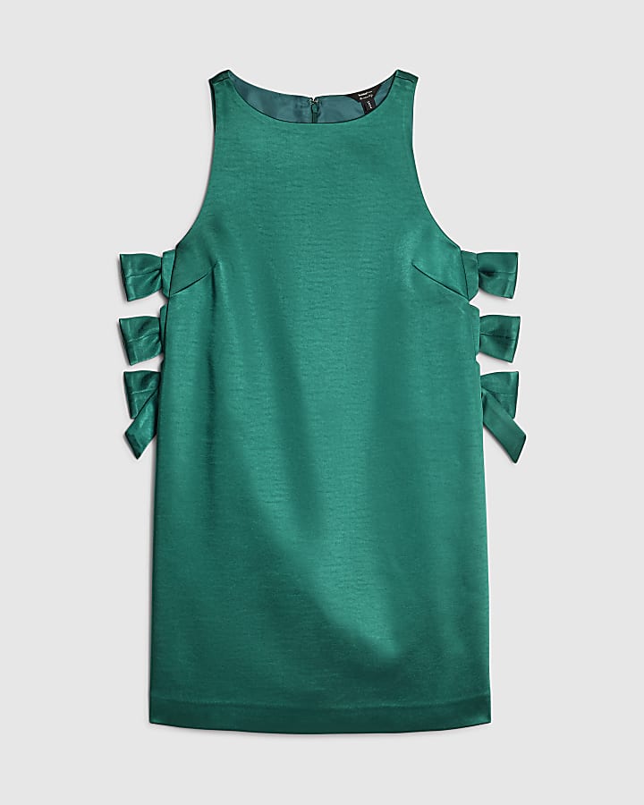 river island Green Satin Sleeveless Bow Detail Mini Dress