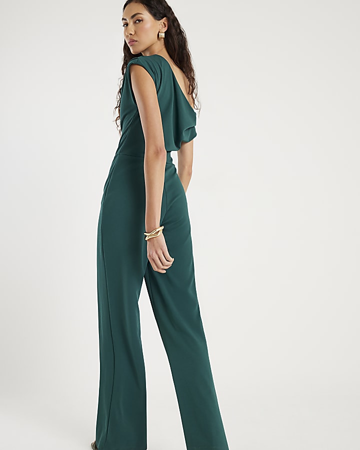 River Island Green Short Sleeve Asymmetric Drape Jumpsuit