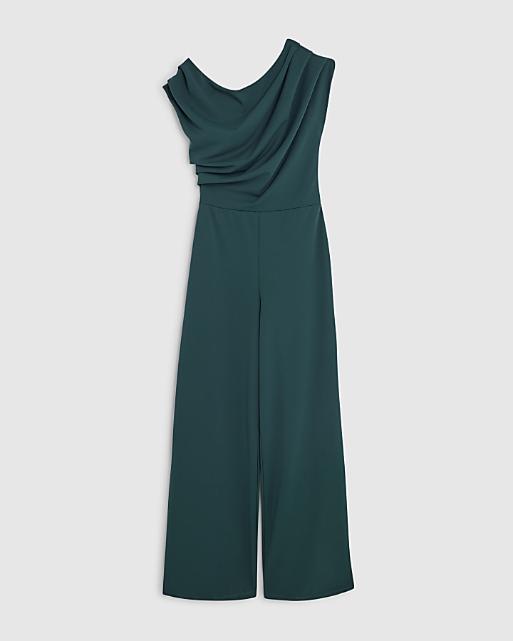 river island Green Short Sleeve Asymmetric Drape Jumpsuit