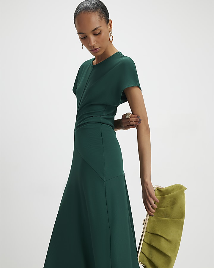 River Island Green Short Sleeve Cinched Waist Maxi Dress