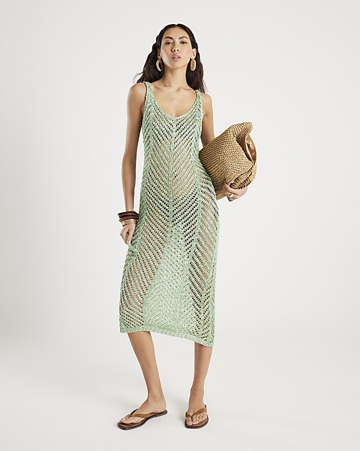River Island Green Sleeveless Lurex Knit Maxi Beach Dress
