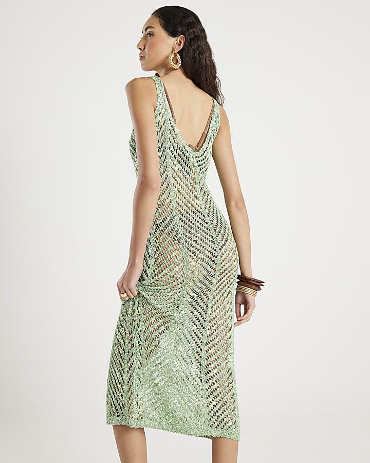 River Island Green Sleeveless Lurex Knit Maxi Beach Dress