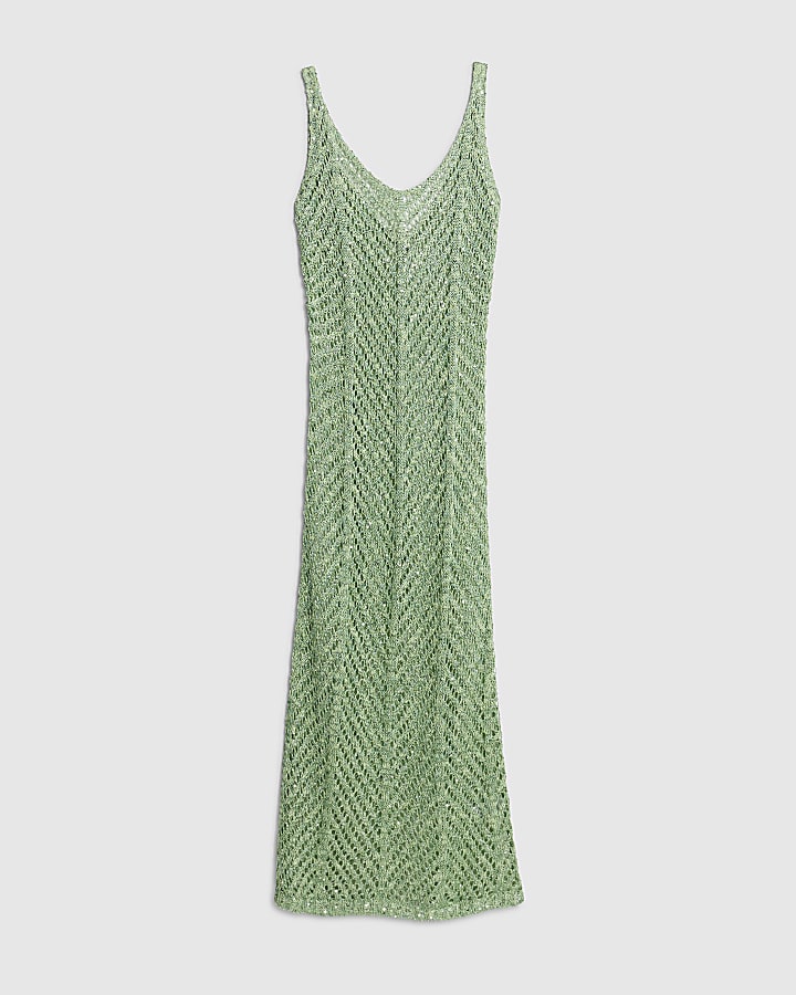 river island Green Sleeveless Lurex Knit Maxi beach dress