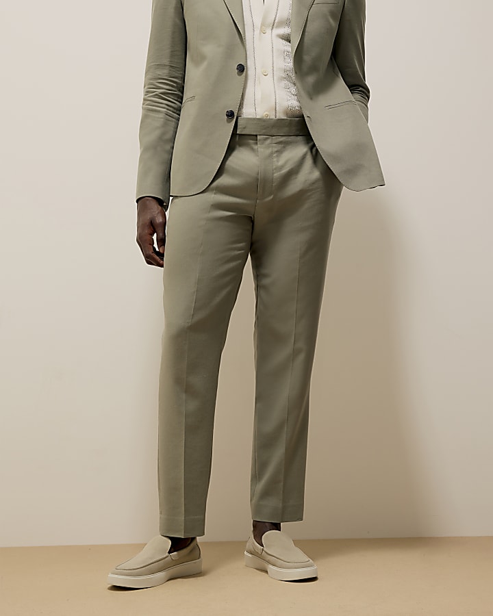 River Island Green Slim Fit Linen Blend Suit Trousers