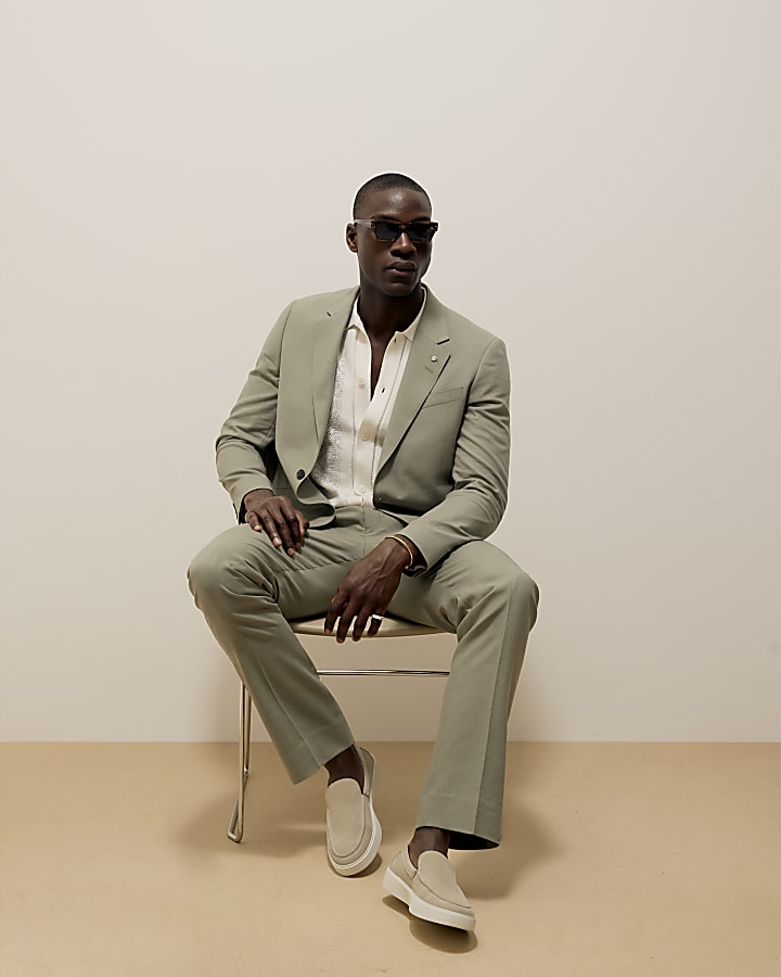 River Island Green Slim Fit Linen Blend Suit Trousers