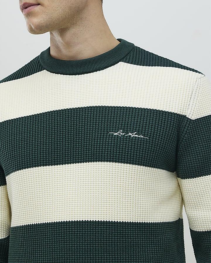River Island Green Slim Fit Waffle Knit Stripe Jumper