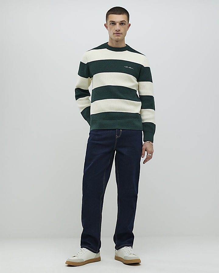 River Island Green Slim Fit Waffle Knit Stripe Jumper