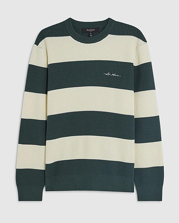 river island Green Slim Fit Waffle Knit Stripe Jumper