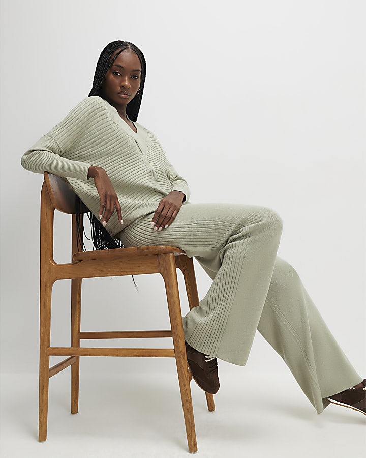 River Island Green Wide Leg Knitted Ribbed Trousers
