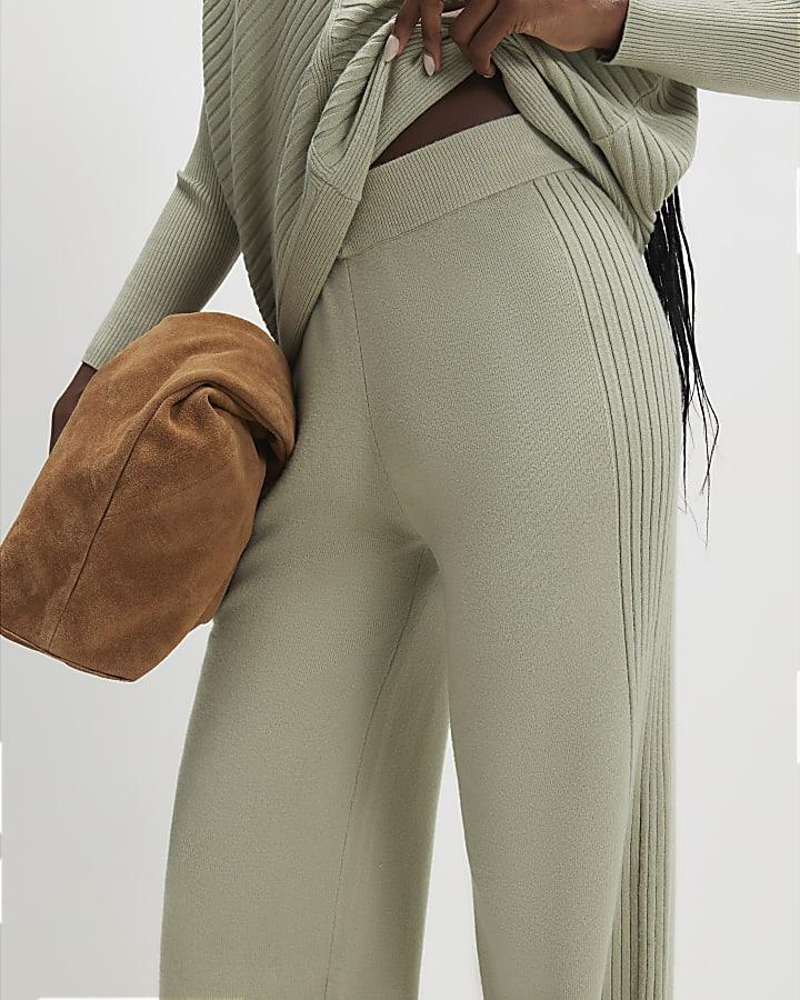 River Island Green Wide Leg Knitted Ribbed Trousers