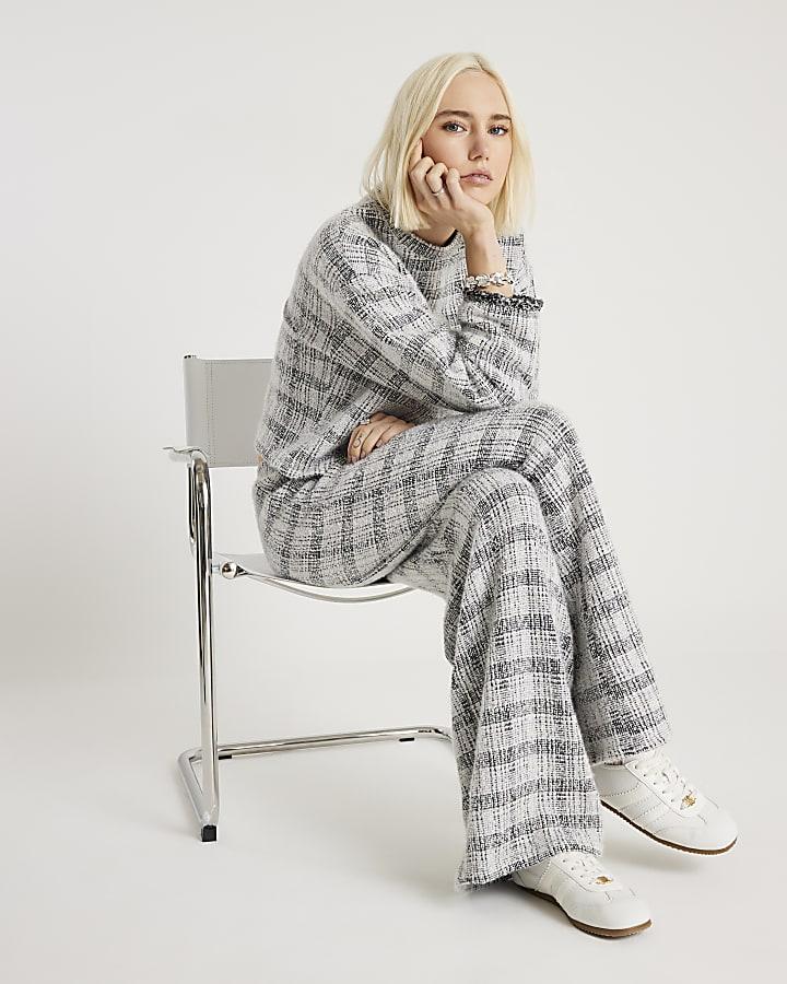 River Island Grey Boucle Check Print Wide Leg Trousers