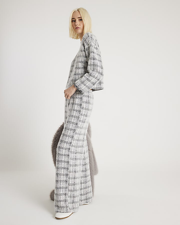 River Island Grey Boucle Check Print Wide Leg Trousers