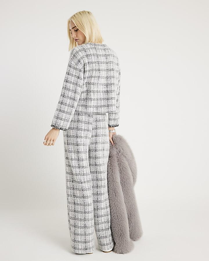 River Island Grey Boucle Check Print Wide Leg Trousers