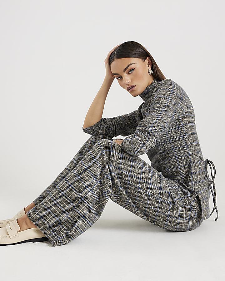 River Island Grey Cosy Check Print Wide Leg Trousers