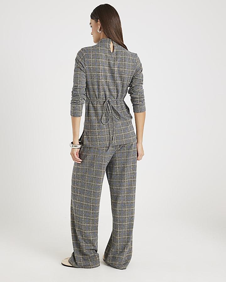 River Island Grey Cosy Check Print Wide Leg Trousers