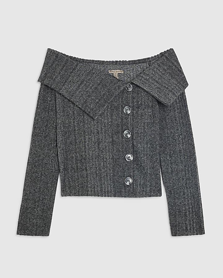river island Grey Cosy Long Sleeve Button Bardot Top