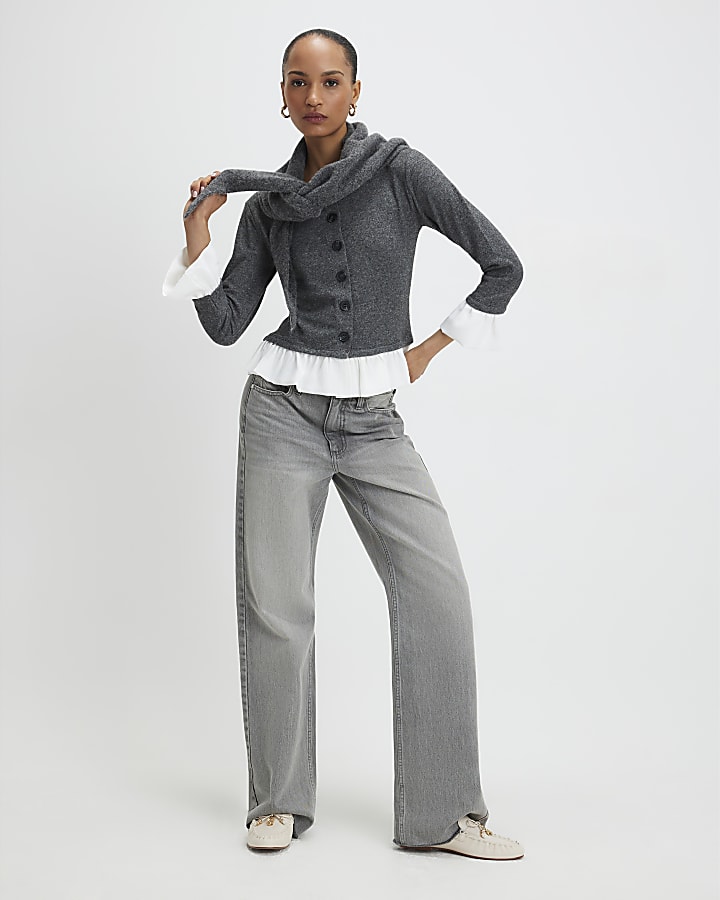 River Island Grey Cosy Long Sleeve Frill Trim Cardigan