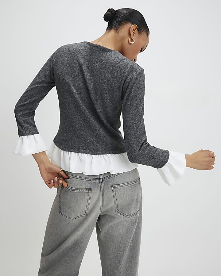 River Island Grey Cosy Long Sleeve Frill Trim Cardigan