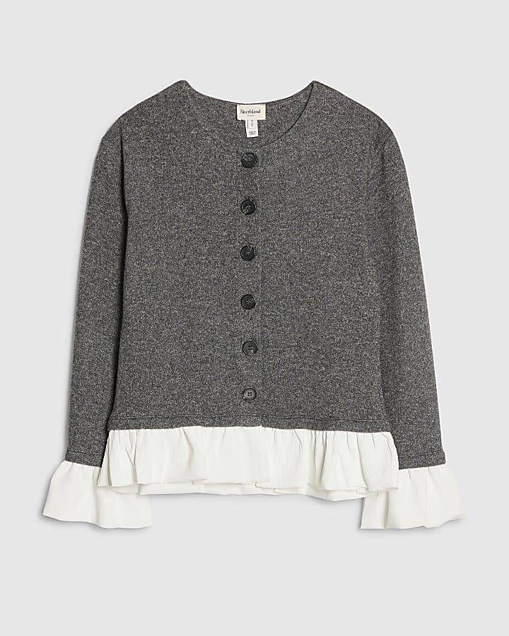 river island Grey Cosy Long Sleeve Frill Trim Cardigan