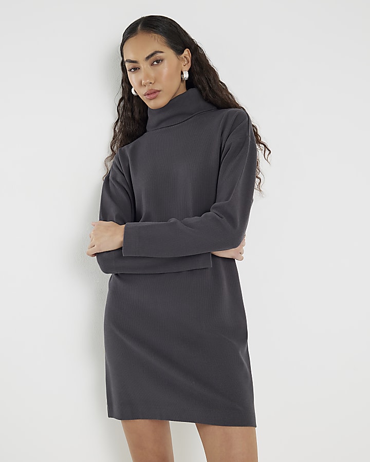 River Island Grey Cosy Long Sleeve High Neck Mini Dress