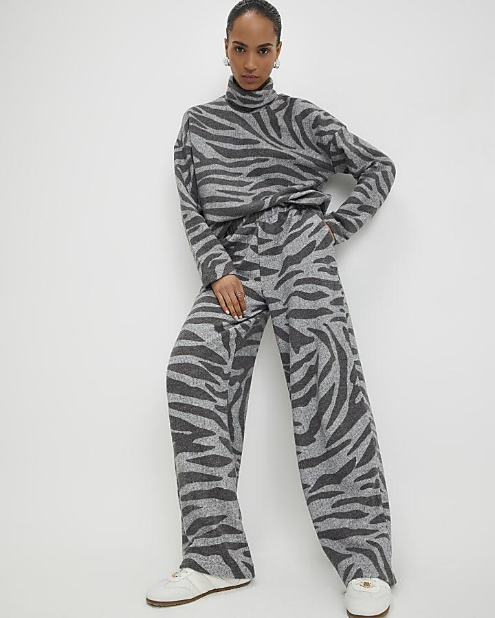 River Island Grey Cosy Zebra Print Wide Leg Trousers