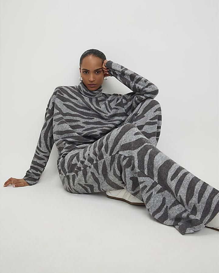 River Island Grey Cosy Zebra Print Wide Leg Trousers