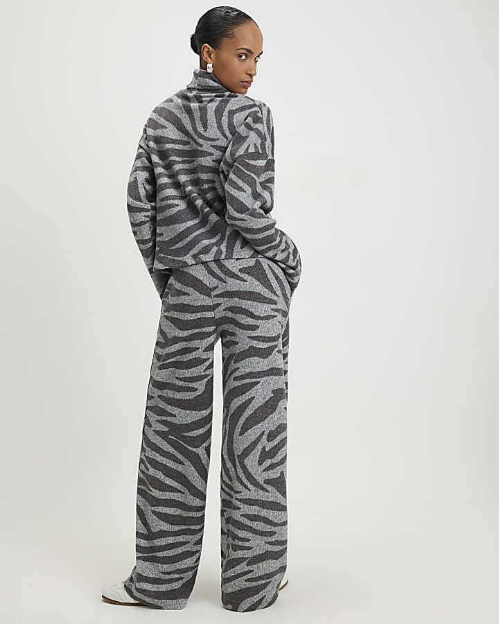 River Island Grey Cosy Zebra Print Wide Leg Trousers
