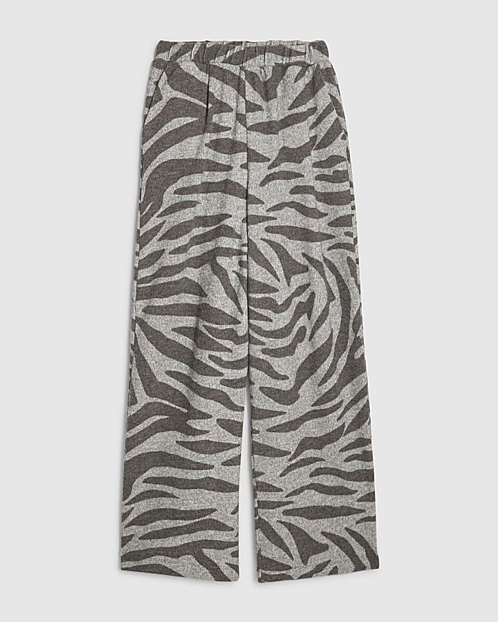 river island Grey Cosy Zebra Print Wide Leg Trousers