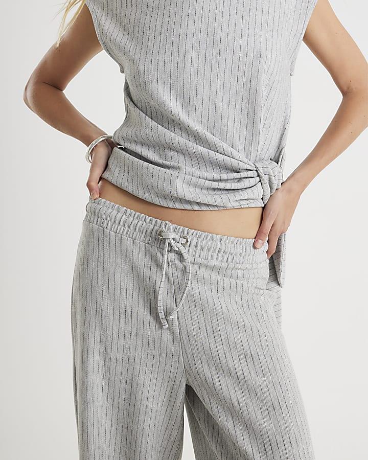 River Island Grey Drawstring Pinstripe Wide Leg Trousers