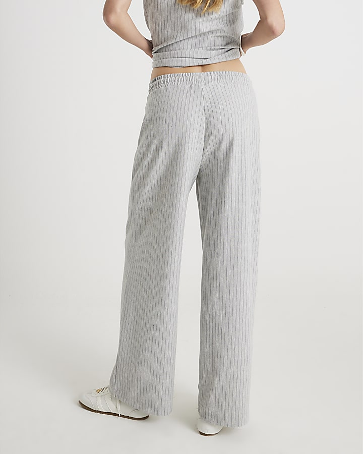 River Island Grey Drawstring Pinstripe Wide Leg Trousers