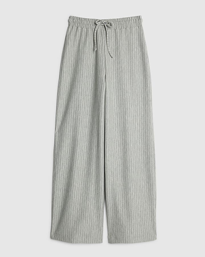 river island Grey Drawstring Pinstripe Wide Leg Trousers