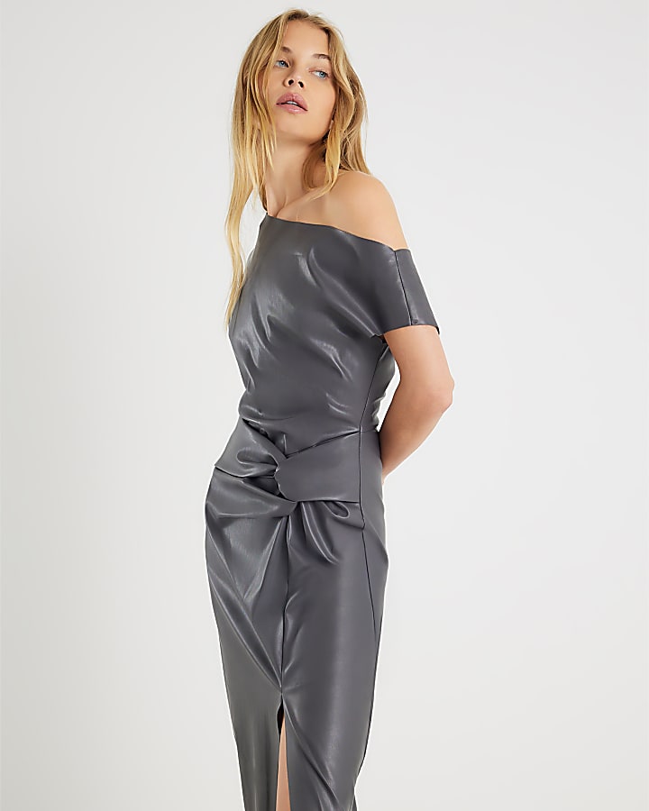 River Island Grey Faux Leather Draped Knot Midi Dress