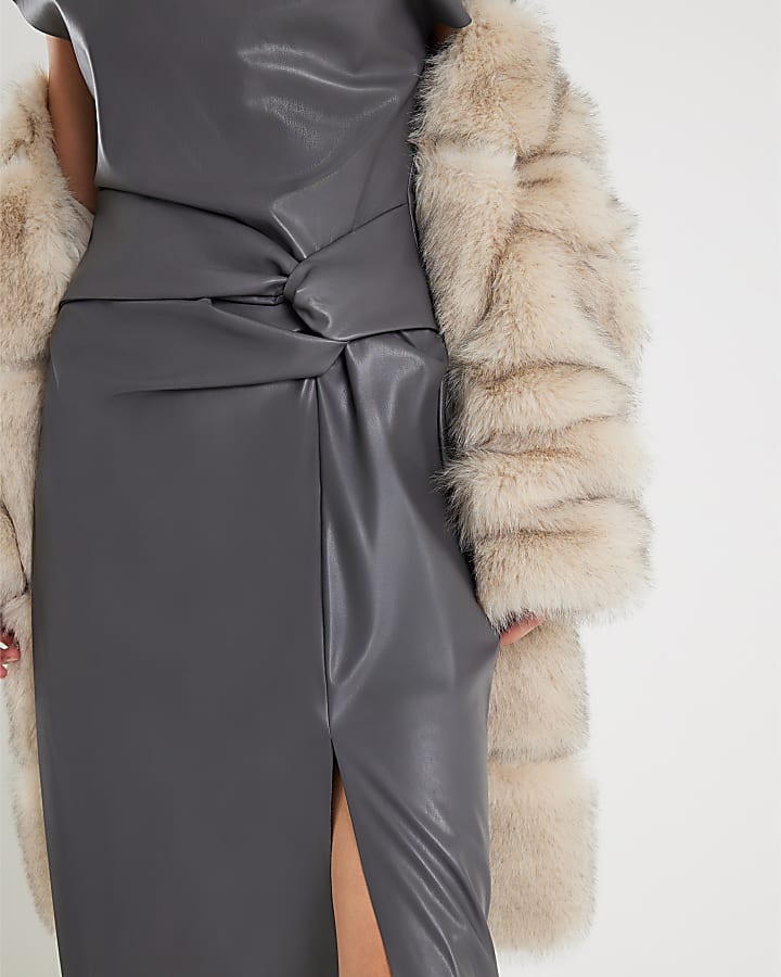 River Island Grey Faux Leather Draped Knot Midi Dress