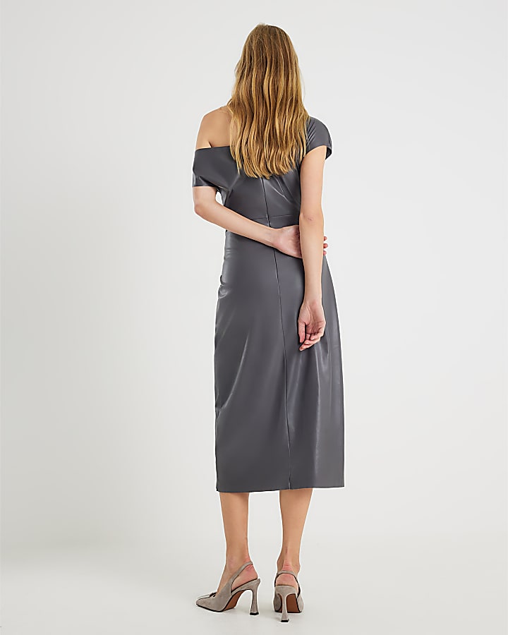 River Island Grey Faux Leather Draped Knot Midi Dress