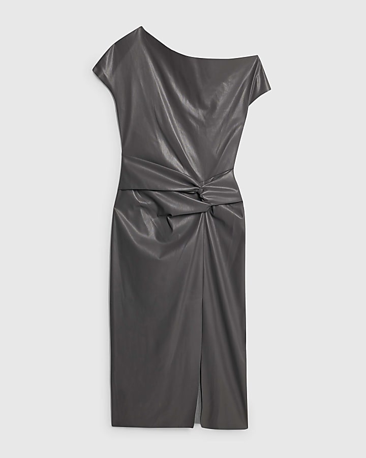 river island Grey Faux Leather Draped Knot Midi Dress