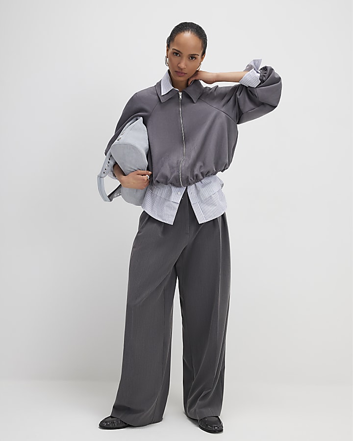 River Island Grey Faux Suede Collared Bomber Jacket