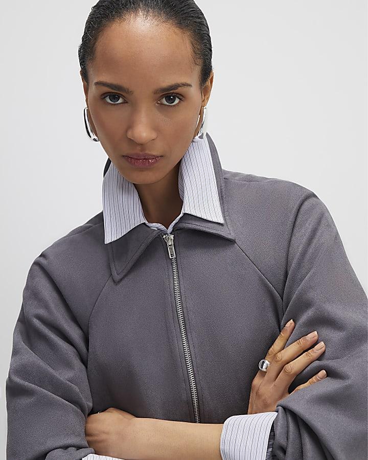 River Island Grey Faux Suede Collared Bomber Jacket